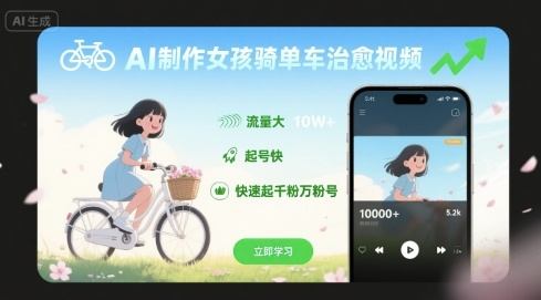 AI制作女孩骑单车治愈视频，流量大，起号快，快速起千粉万粉号-新时光资源网