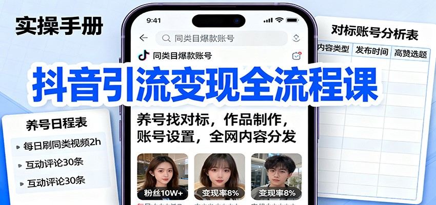 抖音引流变现全流程课：养号找对标，作品制作，账号设置，全网内容分发-新时光资源网