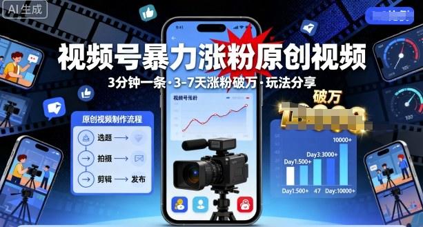 视频号暴力涨粉原创视频，3分钟一条原创视频，3-7天涨粉破万，玩法分享给你-新时光资源网
