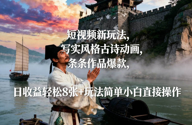 短视频新玩法，写实风格古诗动画，条条作品爆款，日收益轻松8张+玩法简单小白直接操作-新时光资源网