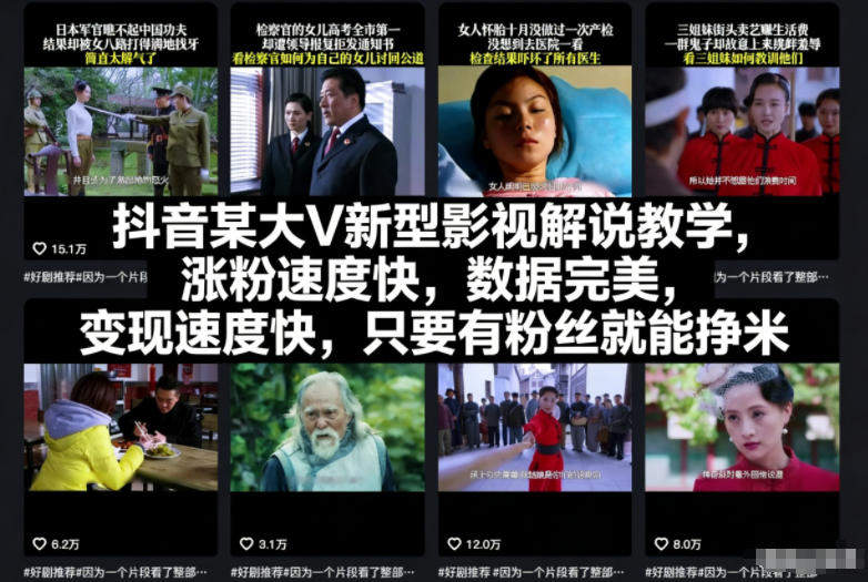 抖音某大V新型影视解说教学，涨粉速度快，数据完美，变现速度快，只要有粉丝就能挣米-新时光资源网