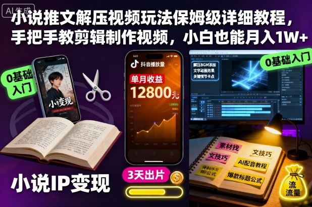 小说推文解压视频玩法保姆级详细教程,手把手教剪辑制作视频,小白也能月入1W+-新时光资源网