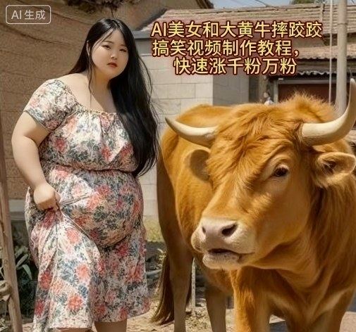 AI美女和大黄牛摔跤搞笑荒诞视频制作教程，快速涨千粉万粉-新时光资源网