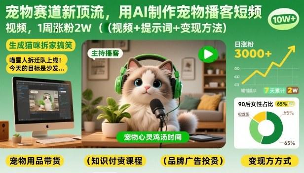 宠物赛道新顶流,用AI制作宠物播客短视频,1周涨粉2W(视频+提示词+变现方法)-新时光资源网