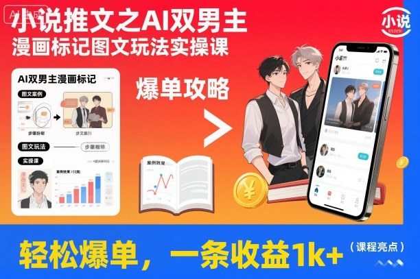 小说推文之AI双男主漫画标记图文玩法实操课，轻松爆单，一条收益1k+-新时光资源网