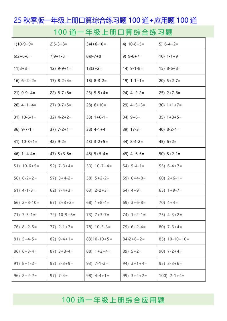 【2025秋新版】一年级上册口算综合练习题100道+应用题100道-一上数学-新时光资源网