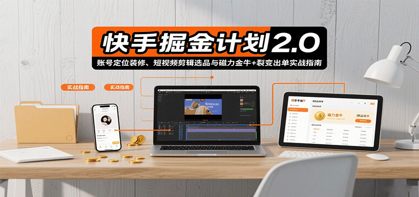 快手掘金计划2.0，账号定位装修、短视频剪辑选品与磁力金牛+裂变出单实战指南-新时光资源网