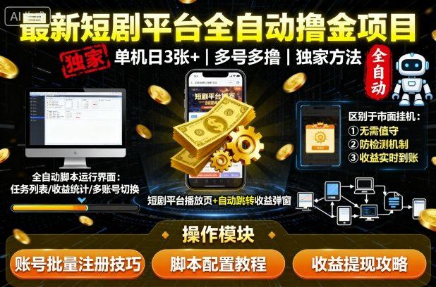 最新短剧平台全自动挂G撸金项目，单机一天3张+，多号多撸，区别于市面所有挂机项目，独家方法【揭秘】-新时光资源网
