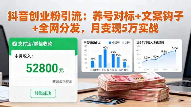 抖音创业粉引流：养号对标+文案钩子+全网分发，月变现5万实战-新时光资源网