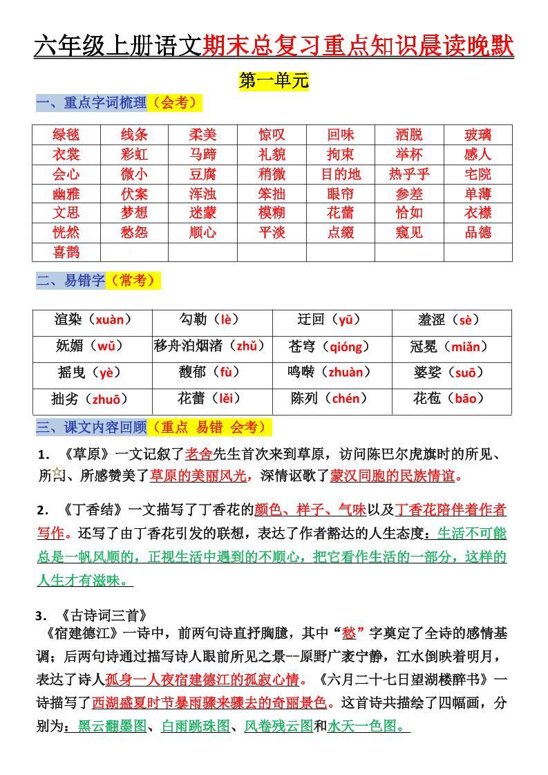 六上语文复习重点晨读单(16页)-新时光资源网